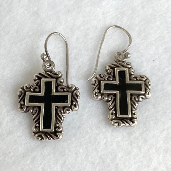 Sterling Silver 925 1.41" Black Enamel Scrollwork Cross Dangle Earrings 11g - Picture 11 of 16